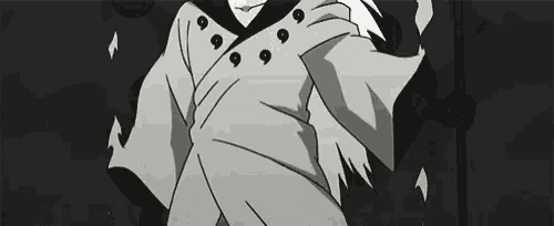 a black and white drawing of a man with a long white hair and a hood .