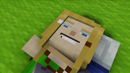 a minecraft character is laying on the grass with a sword in his mouth .
