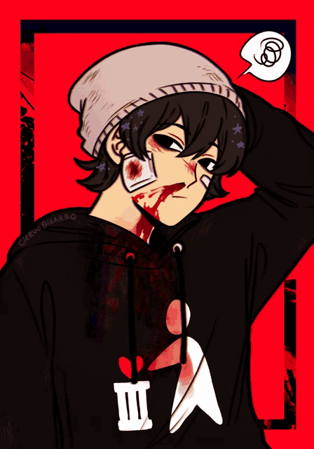 a drawing of a boy with a bandage on his face and the word ii on his hoodie