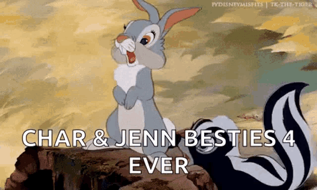 a cartoon of a rabbit and a skunk with the words char and jenn besties 4 ever