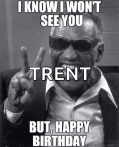 a black and white photo of a man giving a peace sign with the name trent on it
