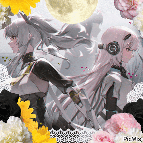 a picture of two anime girls with headphones and flowers with picmix in the corner