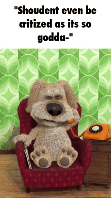 a stuffed dog is sitting in a chair talking on a telephone