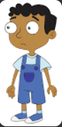 a cartoon boy wearing blue overalls and white shoes