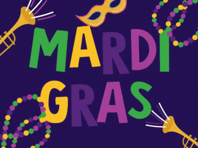 the word mardi gras is surrounded by a mask and beads
