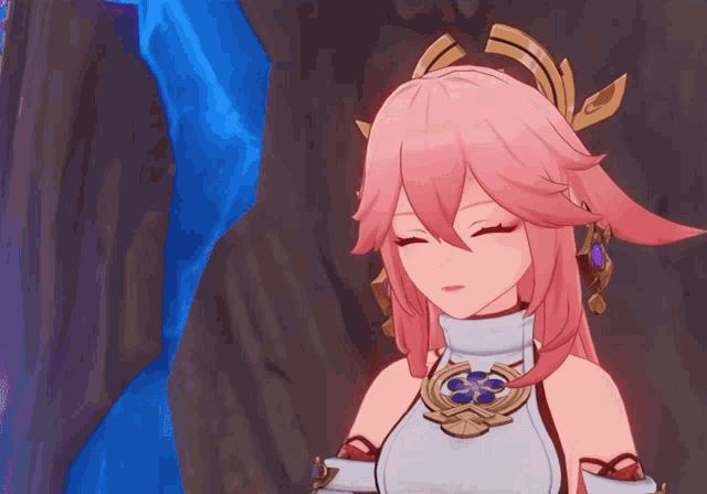 a girl with pink hair is wearing a white top and a necklace