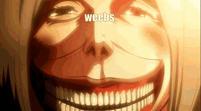 a close up of a woman 's face with the word weebs written on it