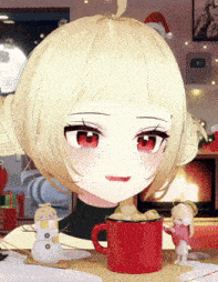 a girl with blonde hair and red eyes is sitting at a table with a cup of hot chocolate