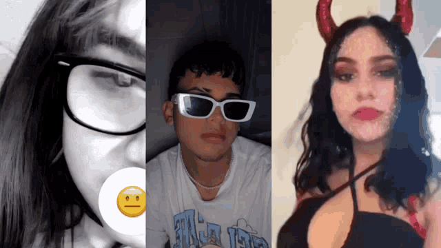 a girl wearing glasses a man wearing sunglasses and a woman with horns