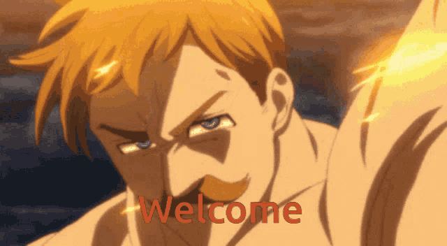 a man with a mustache is standing in front of a welcome sign