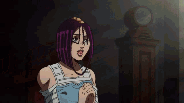 a woman with purple hair and bandages on her arm is standing in front of a clock