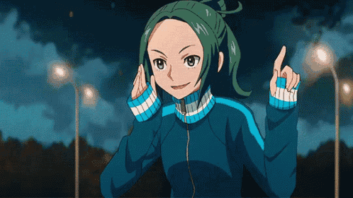 a girl with green hair wearing headphones and a blue jacket