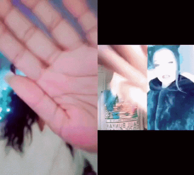 a close up of a person 's hand and a close up of a woman 's face .