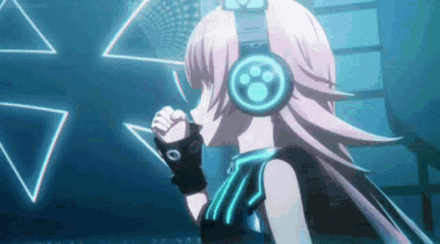 a girl is wearing headphones with a paw print on them