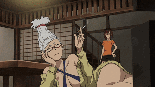 a woman with glasses is smoking a cigarette while another woman stands behind her