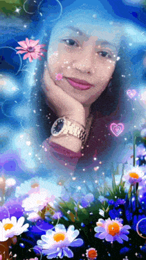 a woman wearing a watch surrounded by flowers