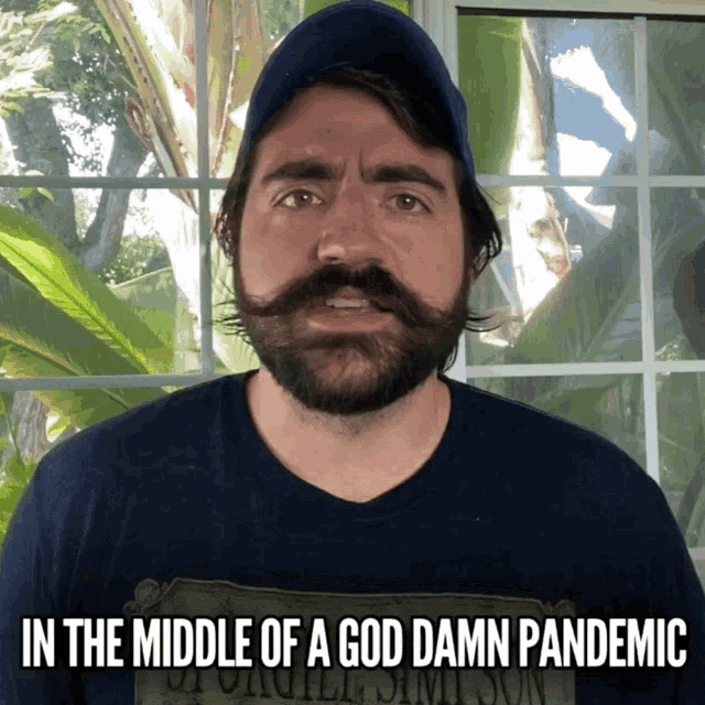 a man with a beard is wearing a shirt that says ' in the middle of a god damn pandemic '