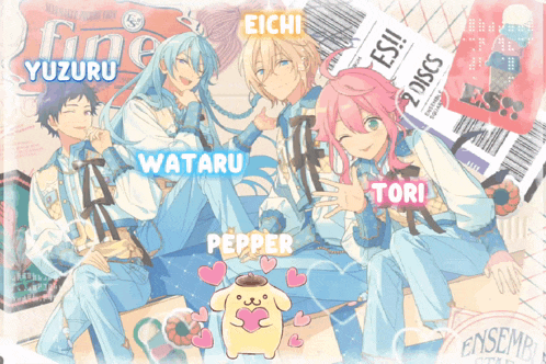 a group of anime characters are sitting next to each other and their names are eichi wataru and pepper