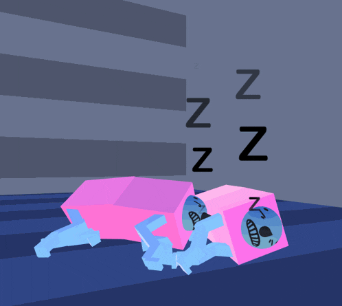 a pink cube with a blue face is sleeping with the letters zzz above it
