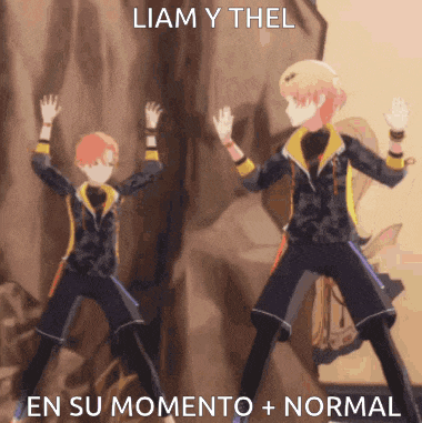 a couple of anime characters dancing with the words liam y thel en su momento + normal at the bottom