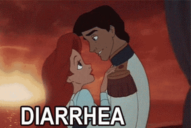 a cartoon of a man and a woman kissing with the word diarrhea behind them