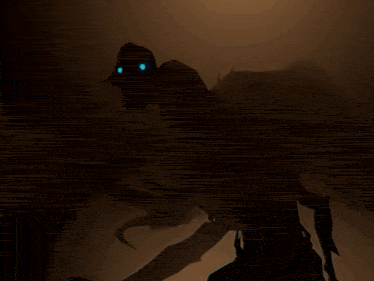 a cartoon character with glowing eyes and a hood