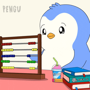 a penguin is using an abacus next to a stack of books