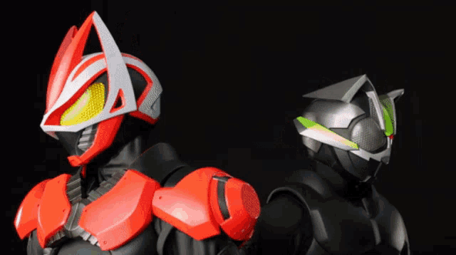 a black and red robot with a cat ear helmet on