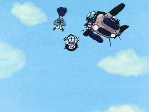 a cartoon character is flying through the air