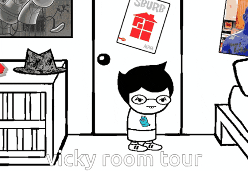 a cartoon character is standing in front of a door with a sburb magazine on it
