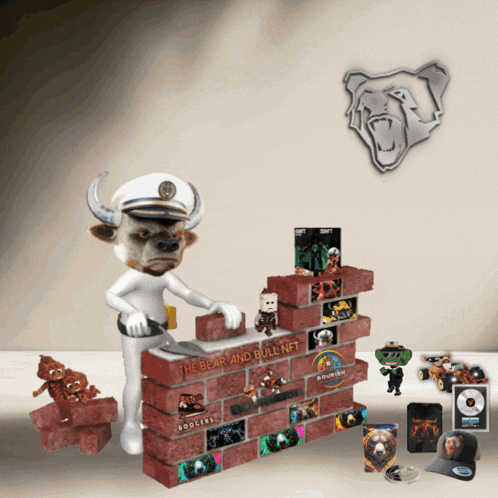 a cartoon bull is building a brick wall with the words the bear and bull nft on it