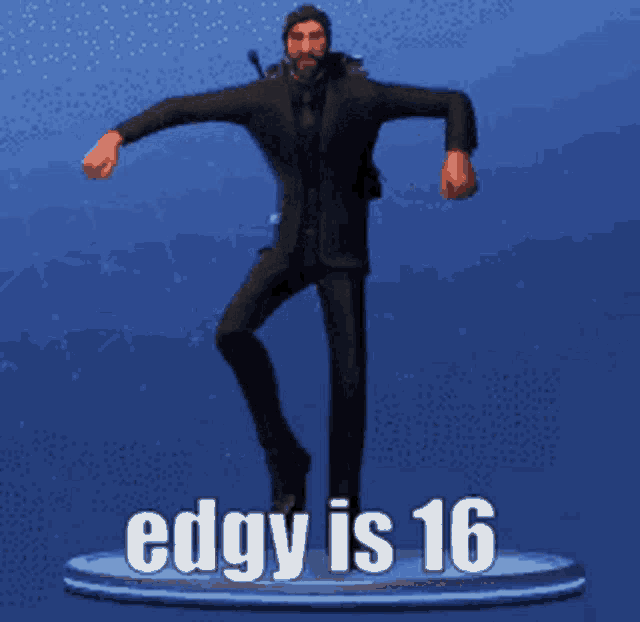 a man in a suit and tie is dancing with the words edgy is 16 below him