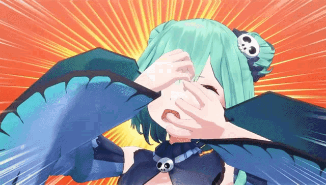 a girl with green hair and a skull on her head is covering her face
