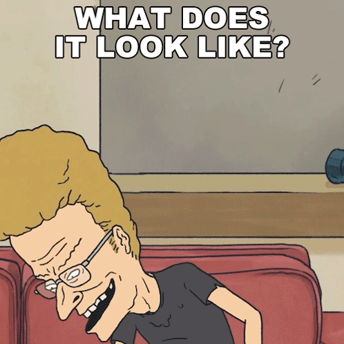 a cartoon character sitting on a couch with the words what does it look like