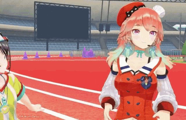 two anime girls are standing on a track in a stadium .