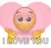 a cartoon character is holding a pink heart shaped balloon and says `` i love you '' .
