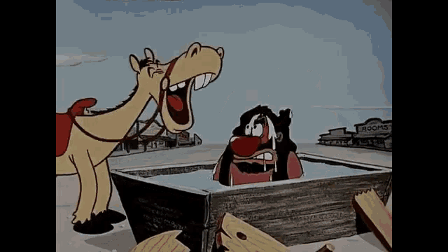 a cartoon horse is standing next to a man in a tub .