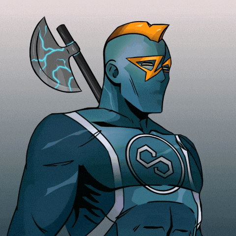 a cartoon drawing of a superhero with an axe on his back