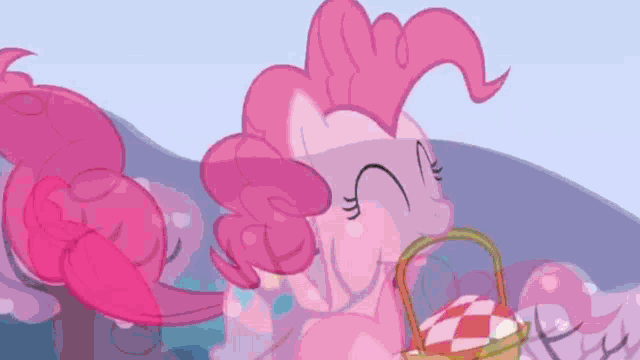 pinkie pie from my little pony is holding a basket with a picnic blanket in it .