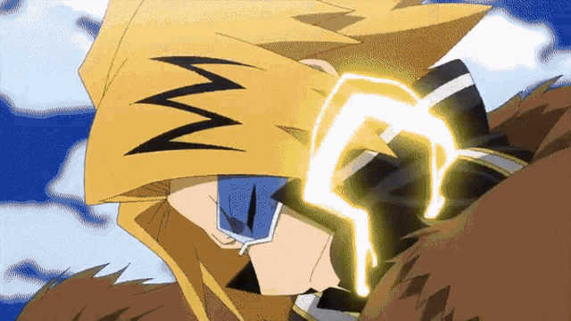 a cartoon character with a yellow mask on his face and a lightning bolt coming out of it