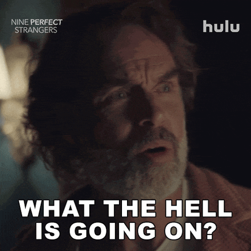 an advertisement for nine perfect strangers shows a man with a beard saying what the hell is going on