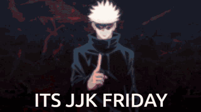 it 's jjk friday with a red background and a person holding a gun .