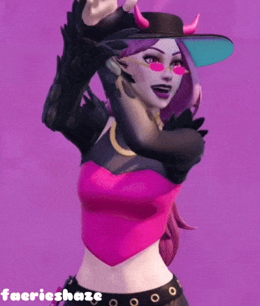 a woman is wearing a pink top and a hat with horns on it .