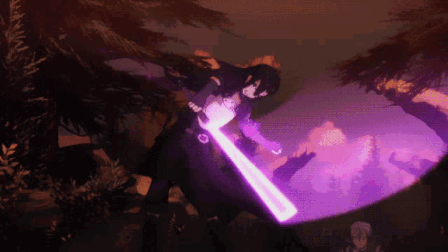 a person holding a purple lightning sword in a dark forest