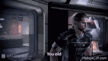 a man in a video game is talking to another man and says you old .