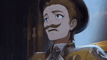 a man with a mustache and a hat is making a funny face .