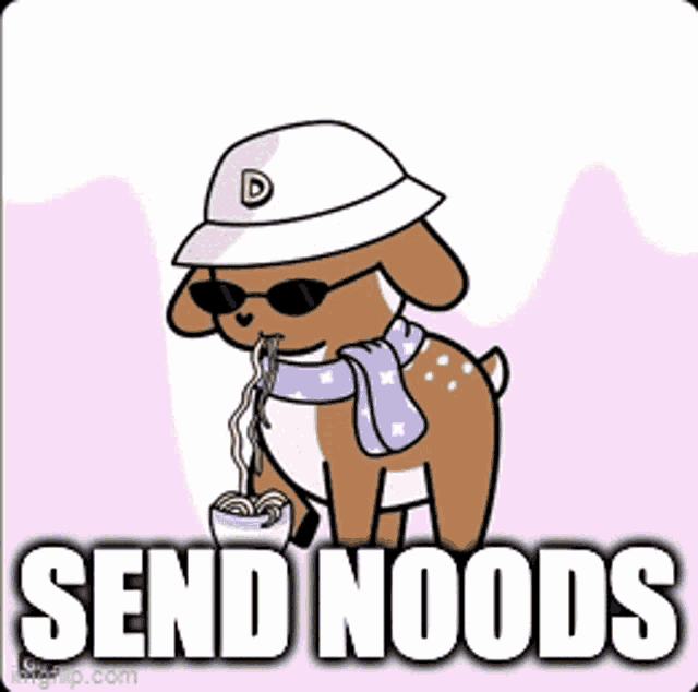 a cartoon dog wearing a hat and scarf is eating noodles with the caption send noods
