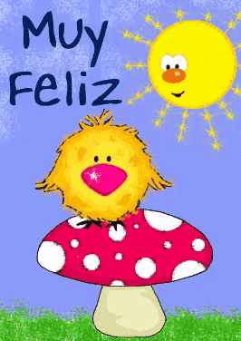 a cartoon of a chicken sitting on a mushroom with the words muy feliz below it