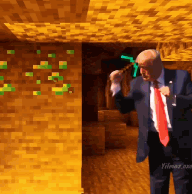 a man in a suit and tie is standing in a room with a minecraft background