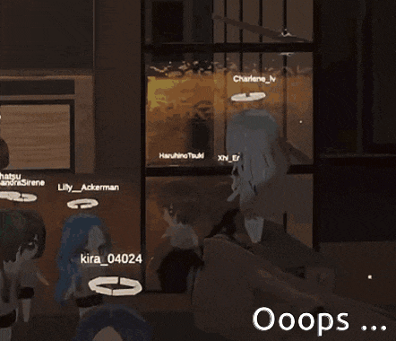 a group of people are standing in front of a window with ooops written on the bottom right